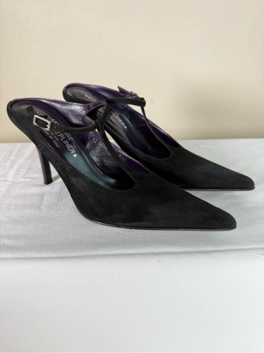 Donald J. Pliner Couture Chandra Black T Strap High Heel Stiletto Slides SZ 8.5